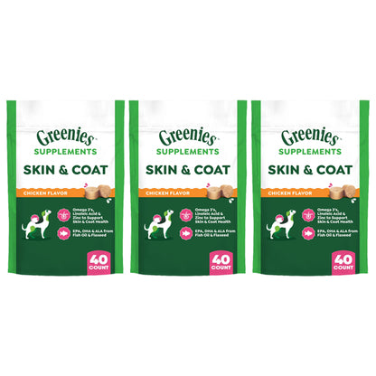 3 Pack - Greenies Dog Skin and Coat Supplements Chicken Flavor 40 Count Each Greenies