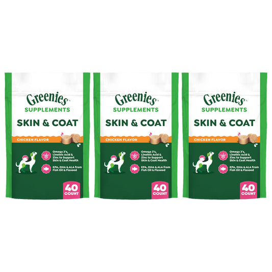 3 Pack - Greenies Dog Skin and Coat Supplements Chicken Flavor 40 Count Each Greenies
