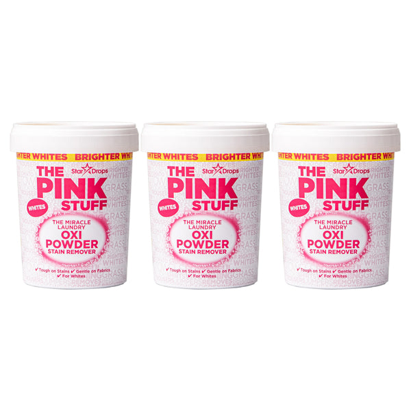 Three 2.2lb containers of Star Drops 3 Pack - The Pink Stuff Miracle Laundry Oxi Powder Stain Remover are shown side by side on a white background, highlighting their powerful whitening formula.