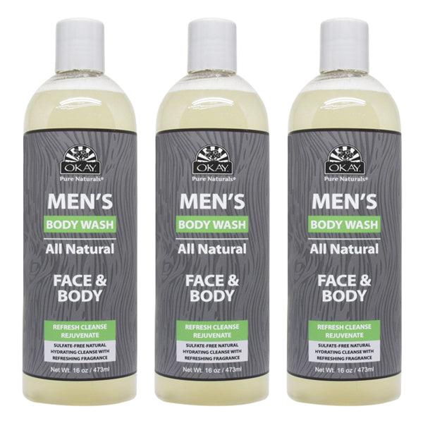 3 Pack - OKAY Pure Naturals Men's All Natural Body & Face Wash 16 oz
