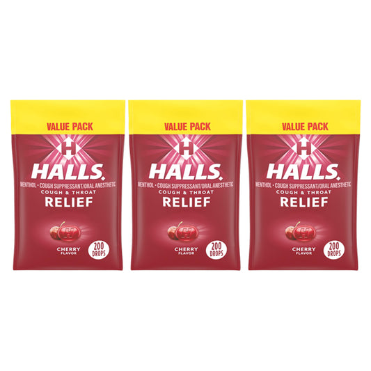 3 Pack - HALLS Cough and Throat Relief Cherry Cough Drops Value Pack 200 Count