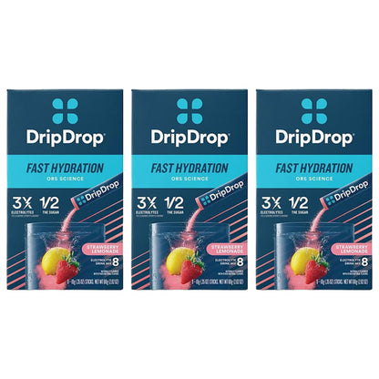3 Pack - DripDrop Fast Hydration Electrolyte Drink Mix Strawberry Lemonade 8 Count DripDrop