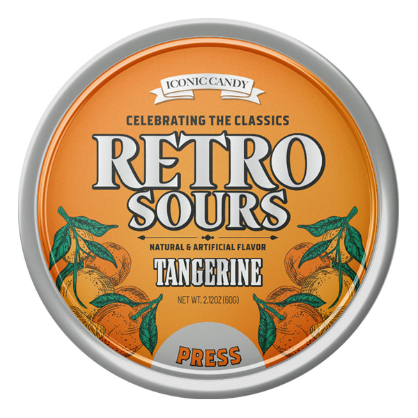 Iconic Candy Retro Sours Tangerine Flavored Nostalgic Sour Candy Treats come in a round tin with bold branding and playful tangerine graphics—a fun, retro treat from Iconic Candy.