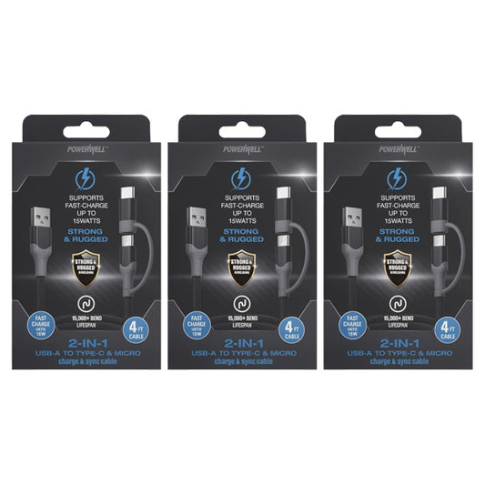3 Pack - PowerXcel 4FT 2in1 Kevlar USB-A to Micro and Type-C Fast Charging Cable