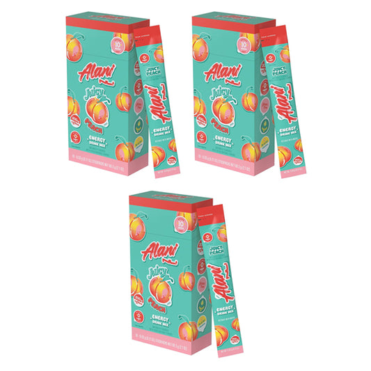 3 Pack - Alani Nu JUICY PEACH Energy Drink Powder Sticks 200mg Caffeine 10 Count Each