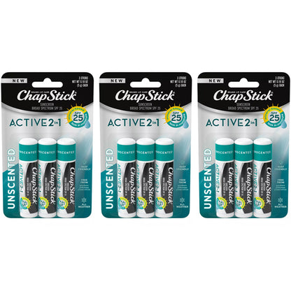 3 Pack - Chapstick Active 2-in-1 Unscented Lip Balms 0.45oz 3ct Each