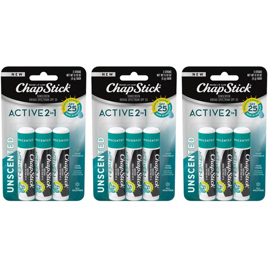 3 Pack - Chapstick Active 2-in-1 Unscented Lip Balms 0.45oz 3ct Each