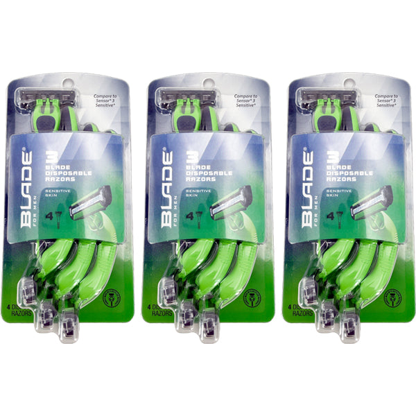 3 Pack - Blade Men's 3-Blade Sensitive Skin Disposable Razors 4 Count Each Blade for Men