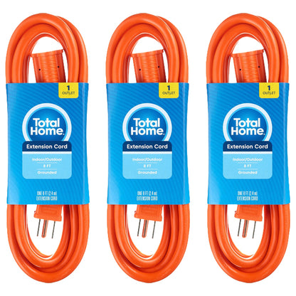 3 Pack - Total Home Single Outlet Grounded 8 Foot Extension Cord Orange Total Home