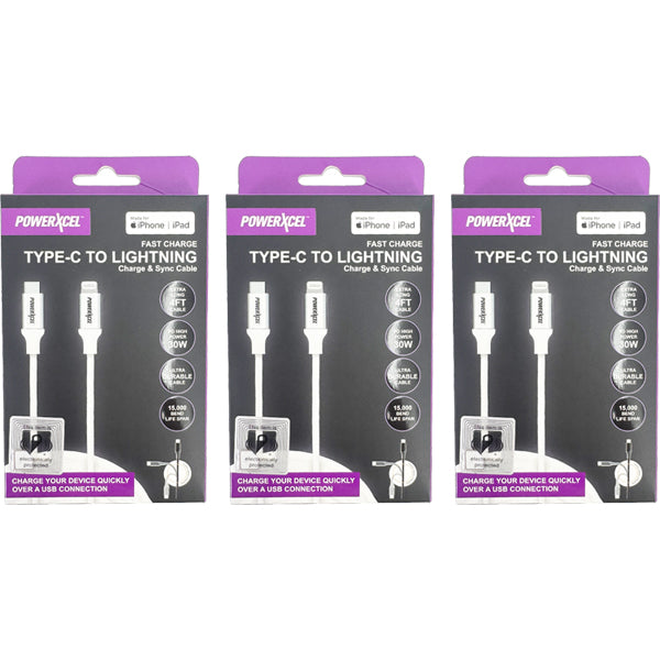 3 Pack - PowerXcel Type-C to Lightning Fast Charge & Sync Cable 4ft