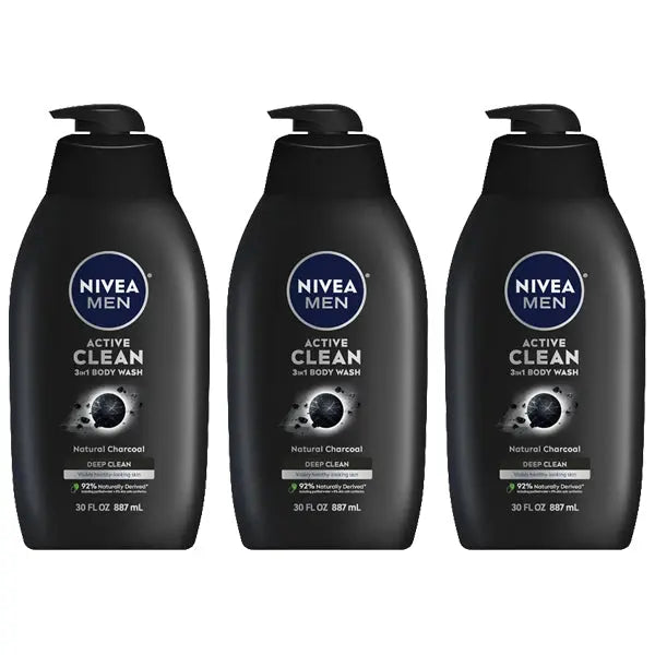 3 Pack - NIVEA Men Active Clean 3-in-1 Natural Charcoal Body Wash 30oz Nivea