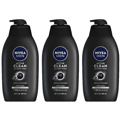 3 Pack - NIVEA Men Active Clean 3-in-1 Natural Charcoal Body Wash 30oz Nivea