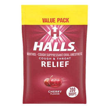 3 Pack - HALLS Cough and Throat Relief Cherry Cough Drops Value Pack 200 Count