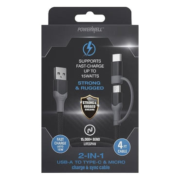 3 Pack - PowerXcel 4FT 2in1 Kevlar USB-A to Micro and Type-C Fast Charging Cable