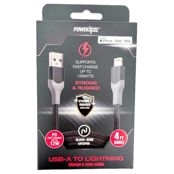3 Pack - PowerXcel 4-Foot USB-A to Lightning Charge & Sync Cable