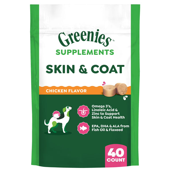 3 Pack - Greenies Dog Skin and Coat Supplements Chicken Flavor 40 Count Each Greenies