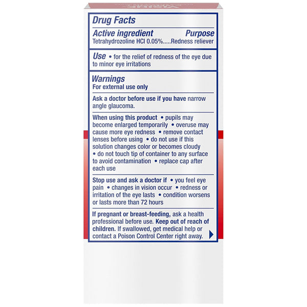 Back of a Visine 3 Pack - Red Eye Comfort Eye Drops box showing drug facts, active ingredient tetrahydrozoline hydrochloride, uses, warnings, and instructions for fast-acting redness relief.