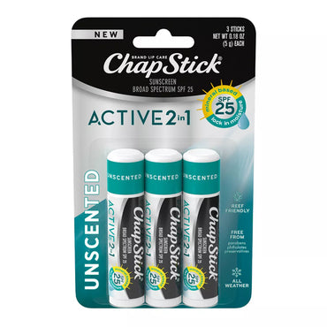 3 Pack - Chapstick Active 2-in-1 Unscented Lip Balms 0.45oz 3ct Each
