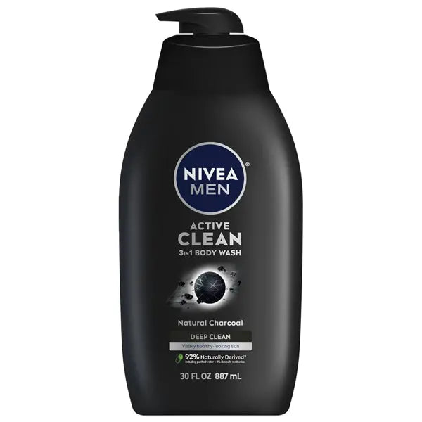 3 Pack - NIVEA Men Active Clean 3-in-1 Natural Charcoal Body Wash 30oz Nivea