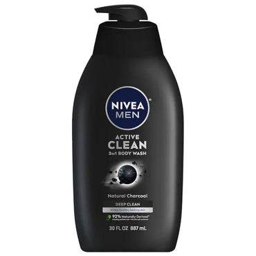 3 Pack - NIVEA Men Active Clean 3-in-1 Natural Charcoal Body Wash 30oz Nivea