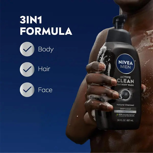 3 Pack - NIVEA Men Active Clean 3-in-1 Natural Charcoal Body Wash 30oz Nivea