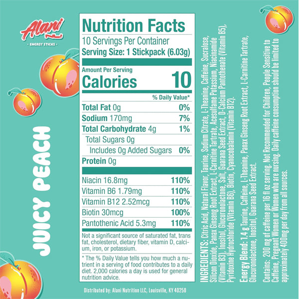 3 Pack - Alani Nu JUICY PEACH Energy Drink Powder Sticks 200mg Caffeine 10 Count Each