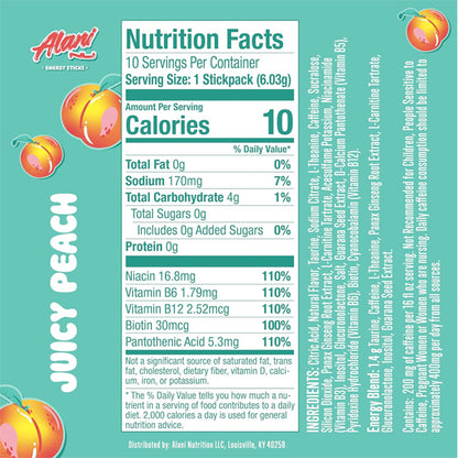 3 Pack - Alani Nu JUICY PEACH Energy Drink Powder Sticks 200mg Caffeine 10 Count Each