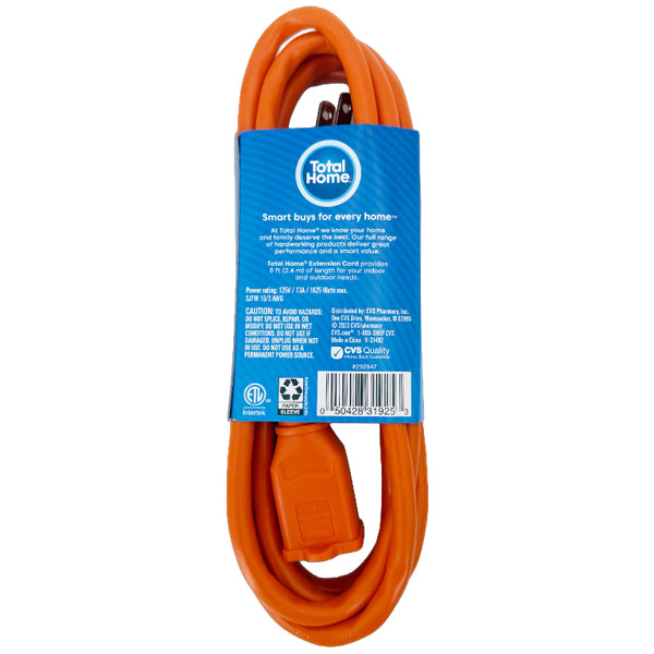 3 Pack - Total Home Single Outlet Grounded 8 Foot Extension Cord Orange Total Home