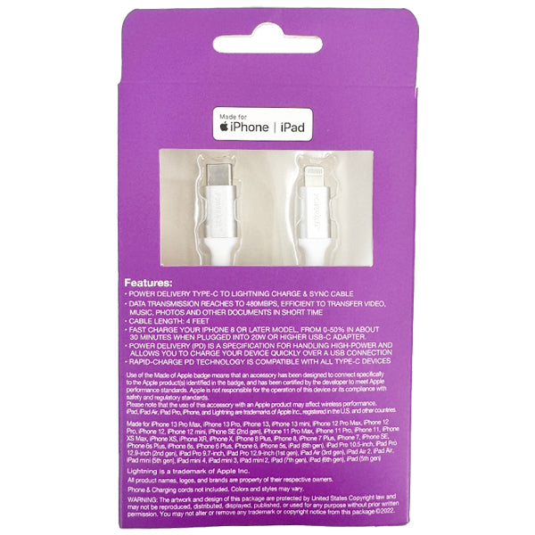 3 Pack - PowerXcel Type-C to Lightning Fast Charge & Sync Cable 4ft