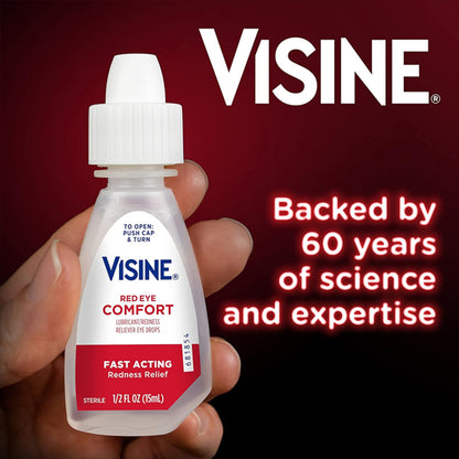 A hand holds a Visine Red Eye Comfort Redness Relief Eye Drops 0.5oz bottle (3 Pack); text highlights over 60 years of science and fast-acting relief with tetrahydrozoline hydrochloride, set against a red background.