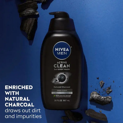 3 Pack - NIVEA Men Active Clean 3-in-1 Natural Charcoal Body Wash 30oz Nivea