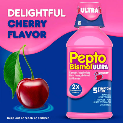 3 Pack - Pepto Bismol Liquid Ultra 5 Symptom Fast Relief Cherry Flavor 12oz