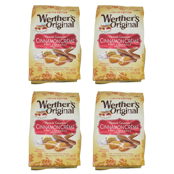 Four bags of Werthers Original Cinnamon Creme Harvest Caramels (7.4oz each) by Werthers are arranged in a grid, showcasing caramels, cinnamon sticks, and cream to highlight their cinnamon crème filling. Made in Germany.