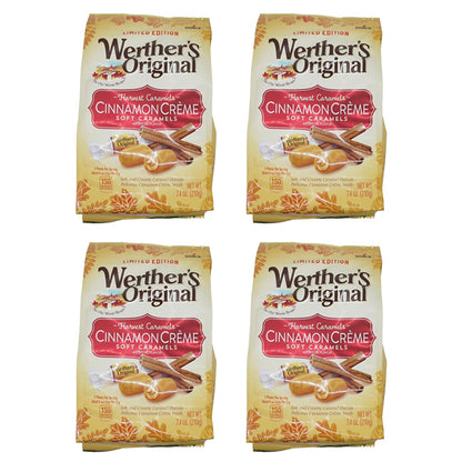 Four bags of Werthers Original Cinnamon Creme Harvest Caramels (7.4oz each) by Werthers are arranged in a grid, showcasing caramels, cinnamon sticks, and cream to highlight their cinnamon crème filling. Made in Germany.