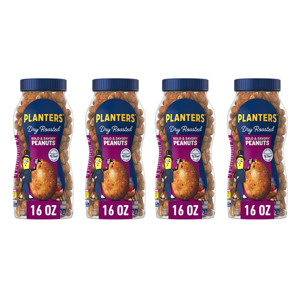 4 Pack - PLANTERS Dry Roasted Bold & Savory Peanuts 16 Oz Jars
