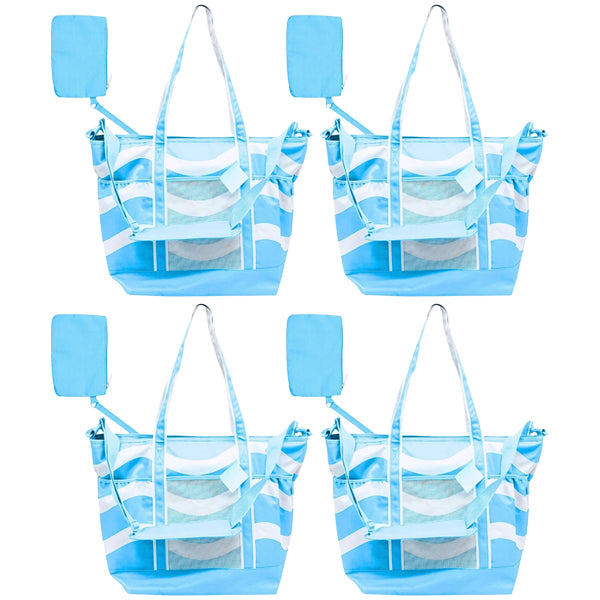 4 Pack - Jumbo Insulated Beach Tote with Wet Pouch in Ocean Blue Wavy Lines Pattern Sun & Sky