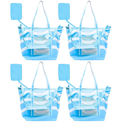 4 Pack - Jumbo Insulated Beach Tote with Wet Pouch in Ocean Blue Wavy Lines Pattern Sun & Sky