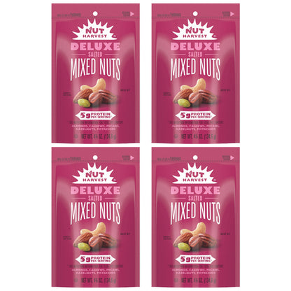 4 Pack - Nut Harvest Deluxe Salted Mixed Nuts Trail Mix 5g Protein 4.75oz