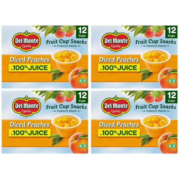 4 Pack - Del Monte Diced Peaches Fruit Cup Snacks in 100% Juice 12 4oz Cups Each Del Monte
