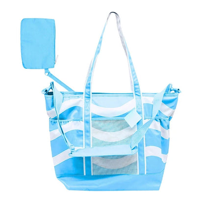 4 Pack - Jumbo Insulated Beach Tote with Wet Pouch in Ocean Blue Wavy Lines Pattern Sun & Sky