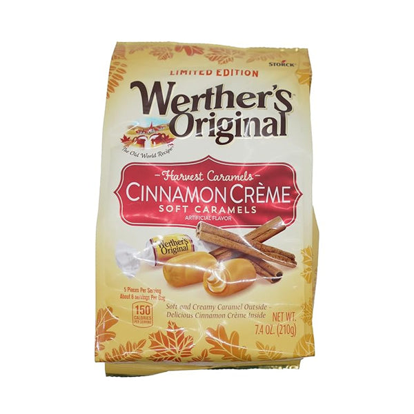 A 4 pack of Werthers Original Cinnamon Creme Harvest Caramels (7.4oz), featuring autumn-themed packaging with images of caramels and cinnamon sticks. Made in Germany.