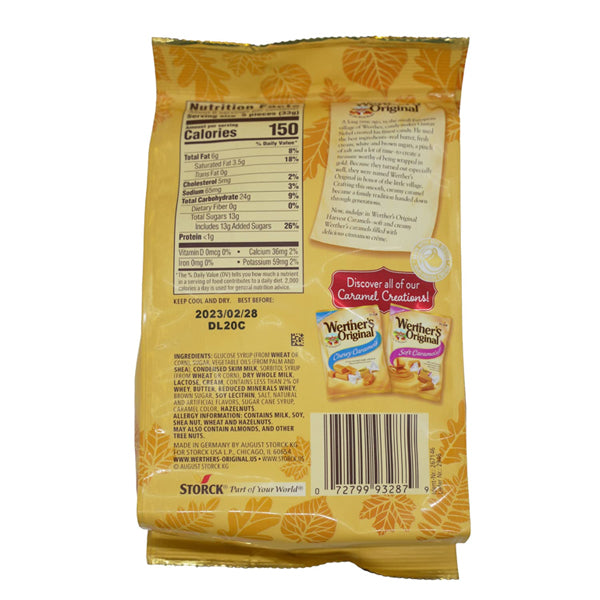 Back of a Werthers 4 Pack Original Cinnamon Creme Harvest Caramels 7.4oz bag, showing nutrition facts, ingredients, best by date, barcode, and images of two caramel varieties. Made in Germany.