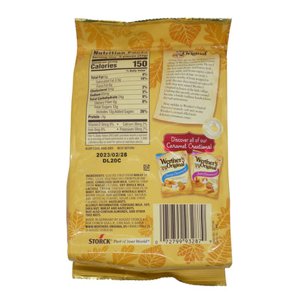 Back of a Werthers 4 Pack Original Cinnamon Creme Harvest Caramels 7.4oz bag, showing nutrition facts, ingredients, best by date, barcode, and images of two caramel varieties. Made in Germany.