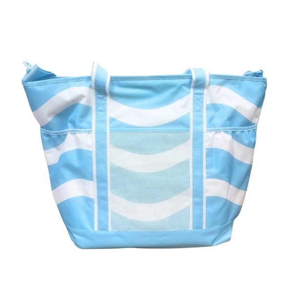 4 Pack - Jumbo Insulated Beach Tote with Wet Pouch in Ocean Blue Wavy Lines Pattern Sun & Sky