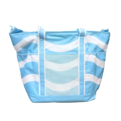4 Pack - Jumbo Insulated Beach Tote with Wet Pouch in Ocean Blue Wavy Lines Pattern Sun & Sky