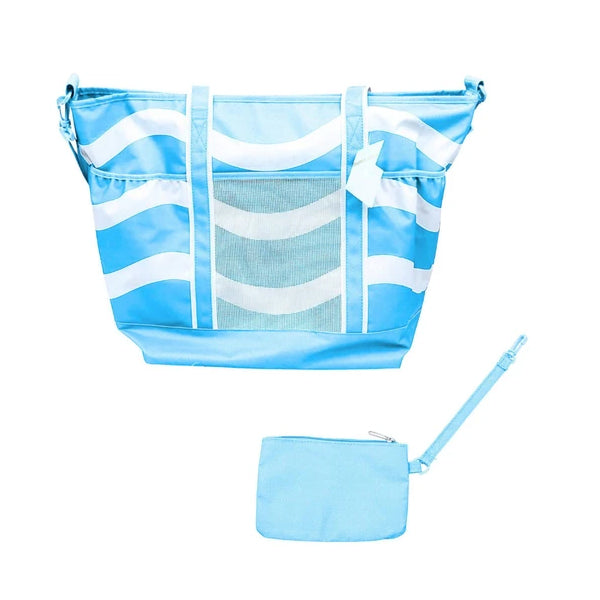 4 Pack - Jumbo Insulated Beach Tote with Wet Pouch in Ocean Blue Wavy Lines Pattern Sun & Sky