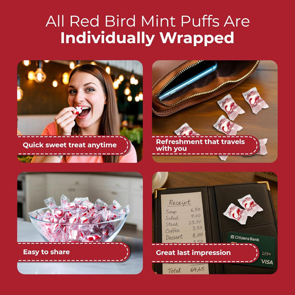4 Pack - Red Bird Soft Peppermint Candy Mint Puffs Individually Wrapped 18oz tub Deal Society