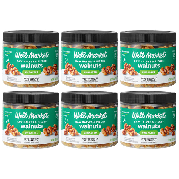 6 Pack - Well Market Unsalted Raw Halves & Pieces Walnuts 6oz Well Market