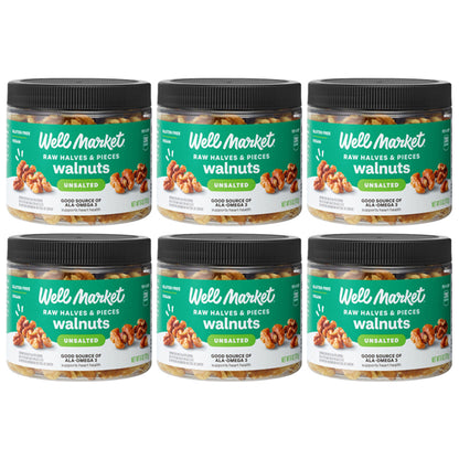 6 Pack - Well Market Unsalted Raw Halves & Pieces Walnuts 6oz Well Market
