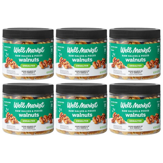6 Pack - Well Market Unsalted Raw Halves & Pieces Walnuts 6oz Well Market